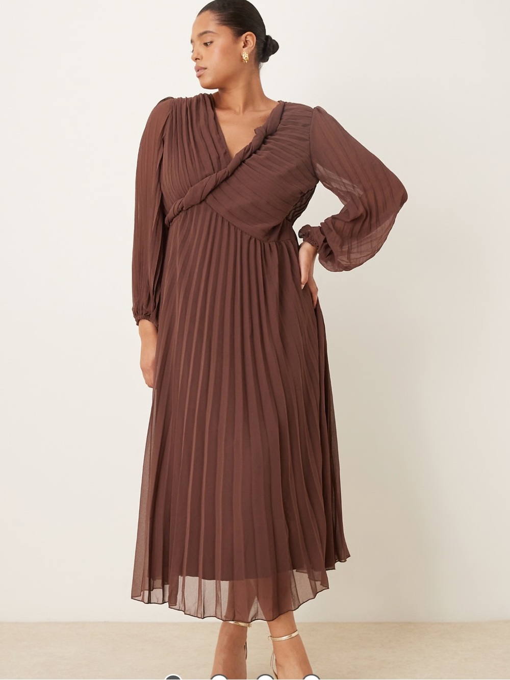 ASOS DESIGN Curve twist detail wrap front pleated midi dress in chocolate